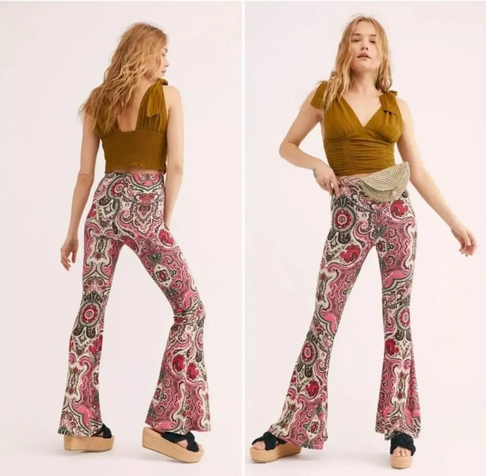 Free People Harper Flared Paisley Pant Bell Bottom Pink XS NWOT Boho Festival - Picture 1 of 5